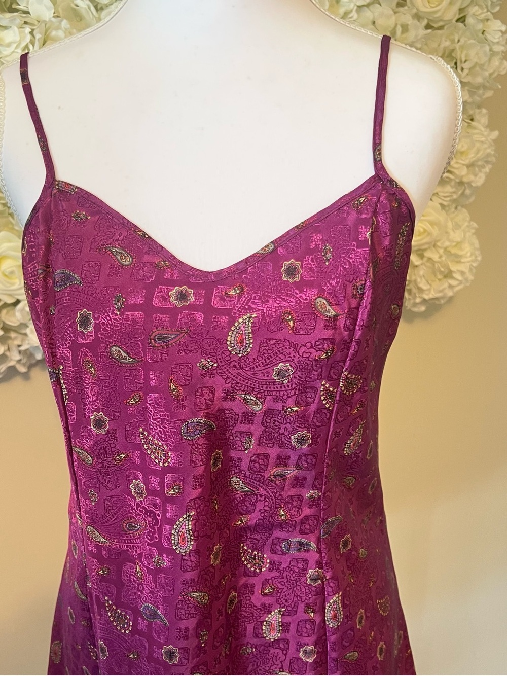 Magenta Paisley Satin Slip Dress with Adjustable Straps Vintage - Picture 2 of 8
